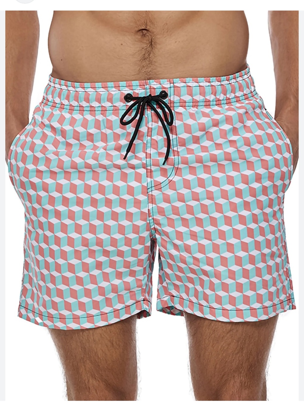 Geometric Patterned Orange and Blue Pool Shorts